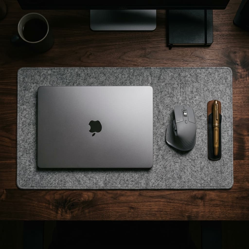 KULTRA Studio Heather Grey 100% Merino Wool Desk Mat overhead view on solid desk